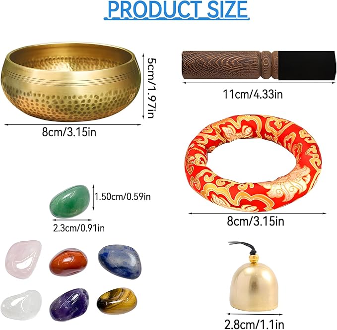 Tibetan Singing Bowl Set, Meditation Sound Bowl with Wooden Striker, Crystal Stones, Cushion, Bell for Yoga, Meditation & Relaxation, Stress Relief, Self-Regulation Yuqutum