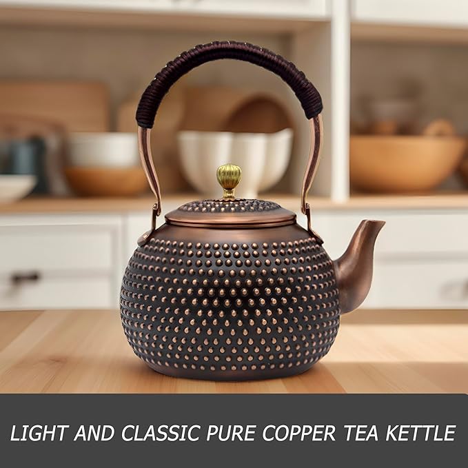 YJX 47.3oz Elegant Japanese Style Copper Tea Kettle For Stovetop Safe, Non-Coating Pure Copper Teapot with Stainless Steel Tea Ball For Loose Tea, Solid Tea Pot For 2-4 Cups (1400ml) - Bloomnest
