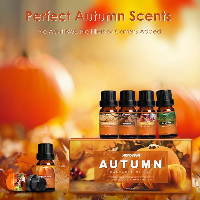 Autumn Fragrance Oil Set, ARVIDSSON Fall Essential Oils for Diffuser and Candle Making, Pumpkin Spice, Cinnamon, Spiced Cider, Snickerdoodle, Autumn Wreath, Pine, Cozy Scented Oils - Bloomnest