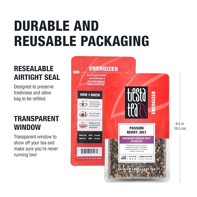Tiesta Tea Passion Berry Jolt, Premium Loose Leaf, Classic Black Tea Blends, Raspberry Passion Fruit Black Tea, High-Caffeine, Hot or Iced Brews Up to 25 Cups, 1.5 Ounce Resealable Pouch - Bloomnest