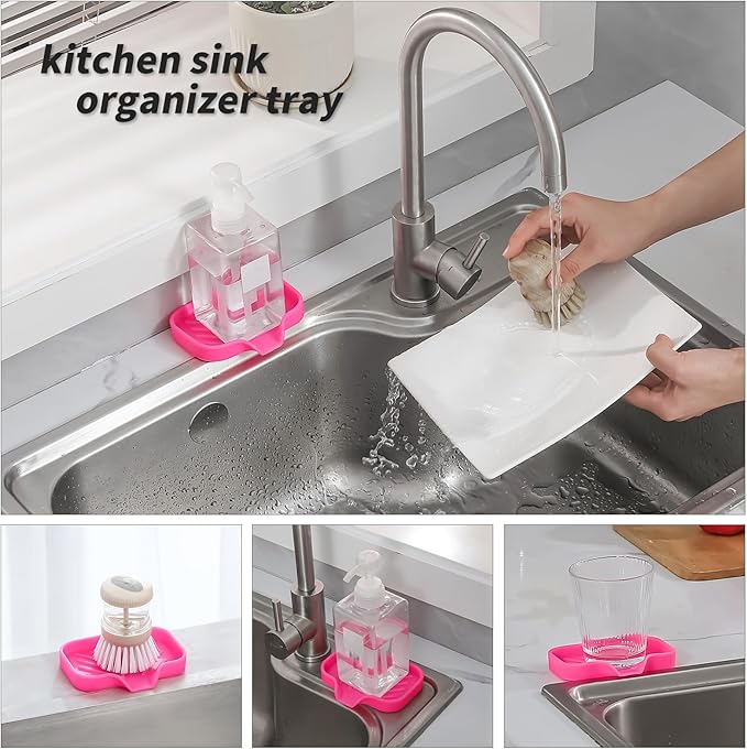 Silicone Bathroom Soap Dishes with Drain Spout-Bathroom and Kitchen Sink Organizer,Sponge Holder,Dish Soap Tray,Perfect for Dispenser,Scrubber,Bottle,Cup on Sink or Counter-Rose 4.9"×3.2" - Bloomnest