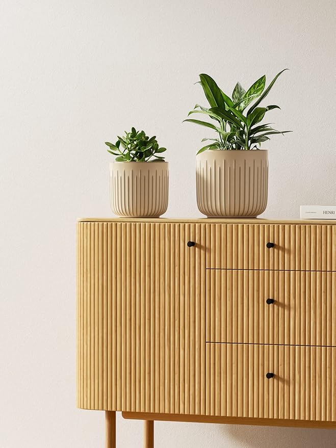 LE TAUCI Fluted Ceramic Planters Set of 3 – 8.3/7 / 5.7 in Cloud Cream Reactive Cylinder Indoor Plant Pots with Drainage Plug & Mesh, Glossy Stoneware Flower Pots for Succulents Herbs - Bloomnest