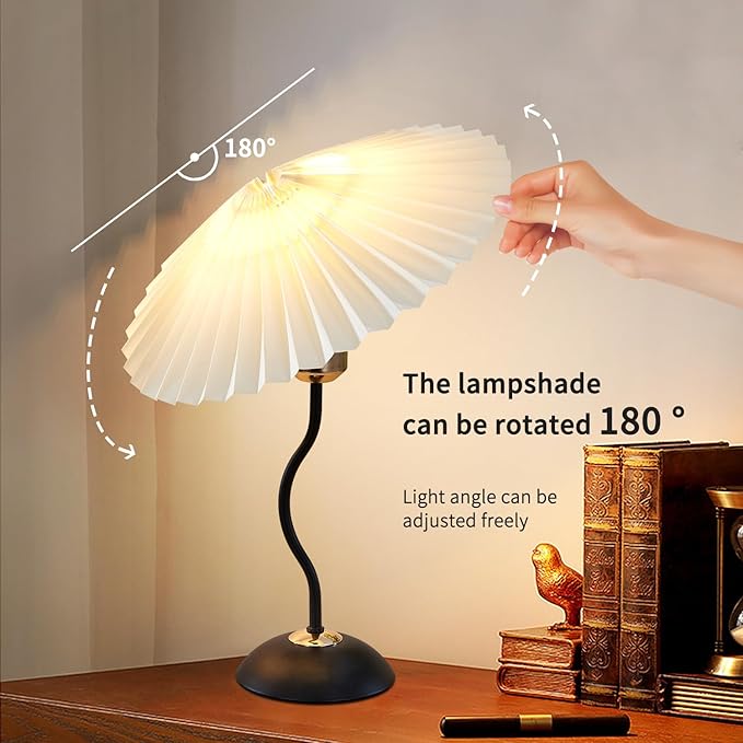 Arts Bedside Table Lamp for Bedroom, Cute Small Pleated Lamps for Nightstand, Vintage Lamp with Umbrella Shade, Decor Desk Reading Lamps for Living Room Kids Room Dorm Office with E26 LED Bulb - Bloomnest