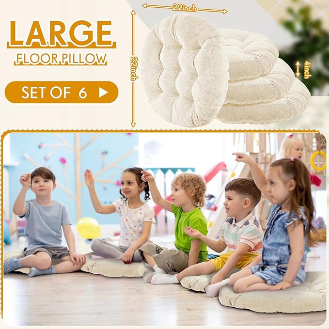 Jerify 6 Pcs Round Floor Pillows Cushions 22 x 22 Inch Large Flexible Seating Cushion Classroom Furniture Floor Pillow for Kids Adults Home Daycare Preschool Yoga Meditation Gift (Beige) - Bloomnest