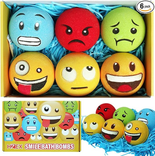 Large Emotion Face Bath Bombs Set of 6 – Fun Emoji-Inspired Spa Fizzies – Handmade with Shea Butter, Cocoa Butter & Essential Oils – Moisturizing Gift Set for Women, Men & Kids - Bloomnest