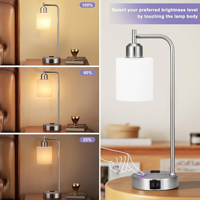 Innqoo Industrial Nickel Table Lamps for Bedrooms Set of 2-3-Way Dimmable Desk Lamp with USB C+A Ports and Outlet, Sliver Lamps with Striped White Glass Shade for Living Room - Bloomnest