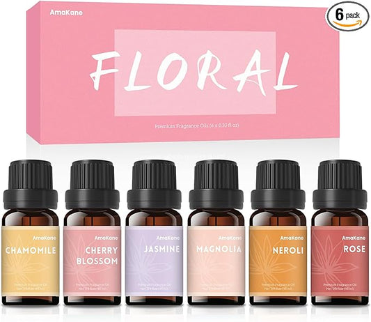 AmaKane Floral Fragrance Oils, Flower Essential Oils for Diffusers for Home, Candle Soap Making Scents 6x10ml, Rose, Jasmine, Chamomile, Neroli, Magnolia, Cherry Blossom Essential Oil - Bloomnest