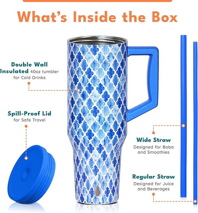 Elemental 40 oz Tumbler with Handle and Straw - Spill Proof Insulated Stainless Steel Commuter for Hot and Cold Beverages - Travel Coffee Mug with 2 Straws & Spill Proof Lid - 40oz - Blue Tile - Bloomnest