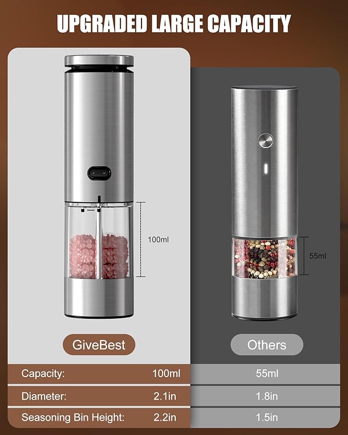 GiveBest Electric Salt and Pepper Grinder Set with Easy-to-Carry Charging Base and LED Light, Automatic Salt and Pepper Grinder Set, Adjustable Coarseness, USB Rechargeable, Washable Container - Bloomnest