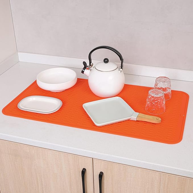 Silicone Dish Drying Mat for Multiple Usage,Easy clean,Eco-friendly,Heat-resistant Silicone Mat for Kitchen Counter or Sink,Refrigerator or Drawer Liner Orange 4XL 32 inches x 18 inches - Bloomnest