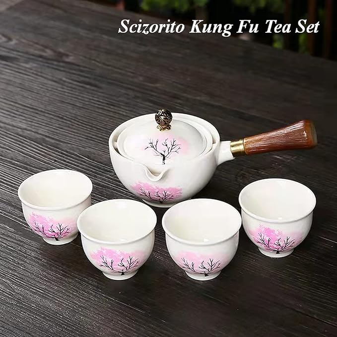 Ceramic Portable Travel Tea Set, Chinese Kungfu Tea Set with 360 Rotation Teapot and Infuser, 4 Tea Cups, Tea Tray And Travel Bag (Cherry Blossoms)