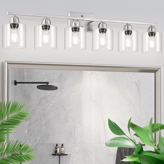 Modern Brushed Nickel 6 Light 38 inch Vanity Lights for Bathroom with Clear Glass, Vanity Light for Mirror Kitchen Living Room Hallway Cabinet Porch - Bloomnest