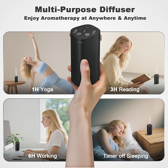 Waterless Essential Oil Diffuser with Handle, Scent Diffuser for Car Home Office Bathroom with Timer, Small Rechargeable Aromatherapy Diffuser, Portable Cordless Aroma Car Diffuser, Black - Bloomnest