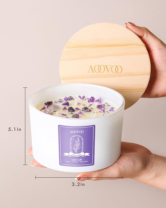 AOOVOO Lavender Scented Candles for Women - 20oz 3 Wick Soy Candles for Home Scented, Aromatherapy Candle with Crystals Inside, Birthday Gifts Christmas Candle for Women Mom - Bloomnest