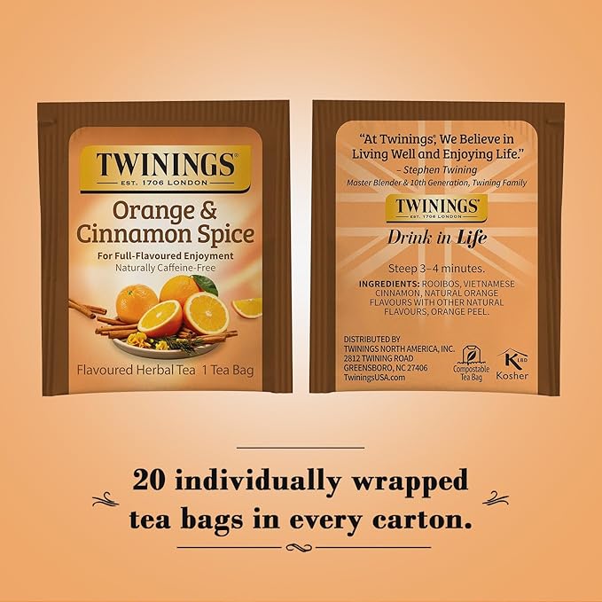 Twinings Orange & Cinnamon Spice Tea 2-Pack (20 Tea Bags Ea) – Naturally Caffeine-Free Sweet and Spicy Tea with Rooibos + Reusable Tea Bag Holder - Bloomnest