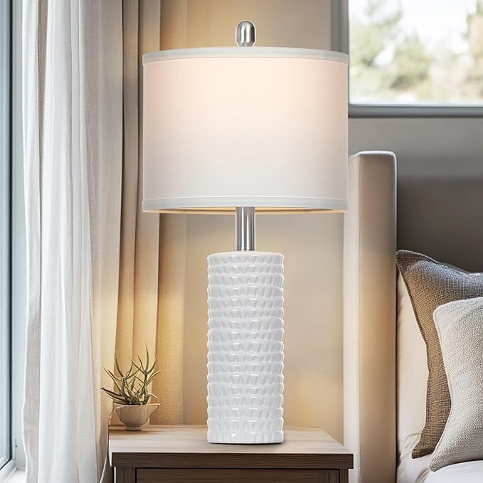 24.5" Modern Ceramic Table Lamps for Living Room ，Farmhouse Nightstand Lamps Set of 2 with White Linen Shade Office Reading Lamp ，Bedroom Lamps for Bedside End Table, Bedroom, Living Room, White - Bloomnest