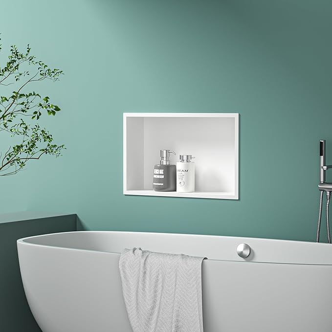 Stainless Steel Shower Niche 20" X 12" White No Tile Needed Niche Shower for Bathroom Storage Recessed Wall Shelf Over Mount Installation - Bloomnest