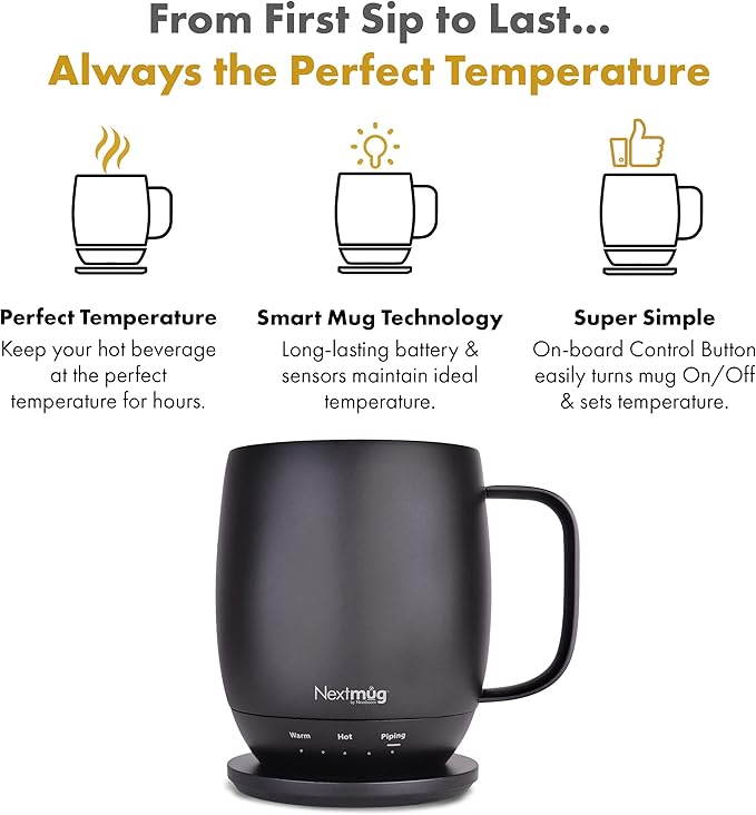 Nextmug - Temperature-Controlled, Self-Heating Coffee Mug (Black - 14 oz.) - Bloomnest