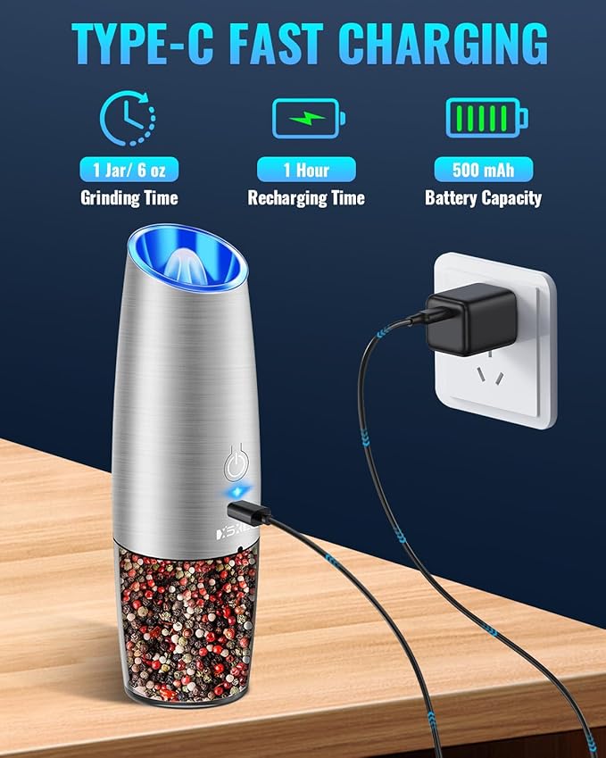Rechargeable Electric Pepper and Salt Grinder Set, No Battery Needed, whit Gravity Sensing Switch and LED Light, One Hand Automatic Operation, Sliver, 2 Pack - Bloomnest