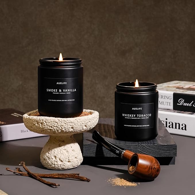 2 Pack Candle | Smoke & Vanilla + Whiskey Tobacco - Candles for Men - Masculine Candle, Soy Candles for Home Scented - Gifts for Men, Home Fragrance Manly Gifts - Each of 7oz - Bloomnest