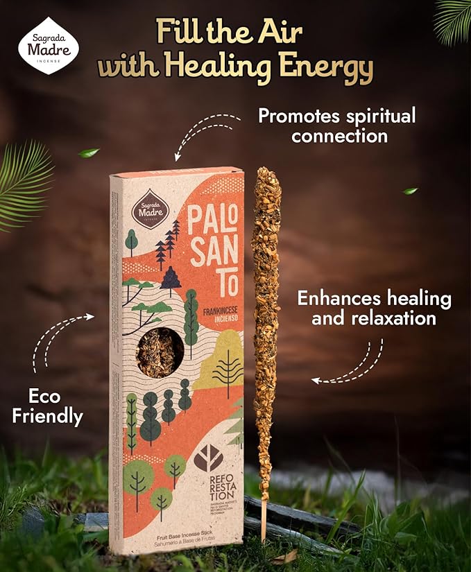 Sagrada Madre 4pcs Wildly Harvested Palo Santo Incense Sticks (Frankincense), 6.7” Long - Non-Toxic, Aromatic Incense Sticks (50 min Approx. Burning Time) to Heal & Calm Your Body and Environment SagradaMadre