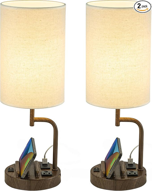 Dreamholder Table Lamp with 3 USB Charging Ports, Modern Desk Lamp with AC Outlet and Phone Stands, Perfect Bedside Lamp for Bedroom, Living Room, Office (Pack of 2), Walnut - Bloomnest