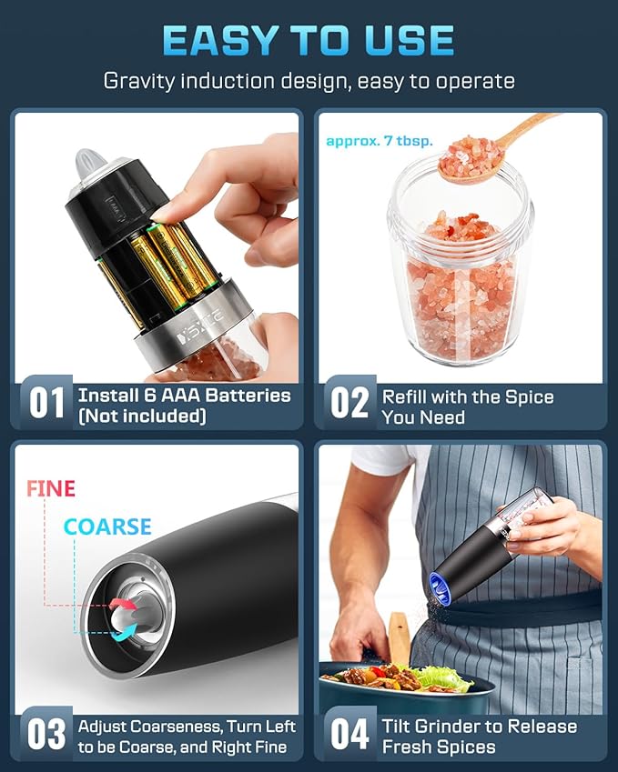 XinXu Gravity Electric Pepper and Salt Grinder Set, Adjustable Coarseness, with LED Light, One Hand Automatic Operation (Set/Black X) - Bloomnest