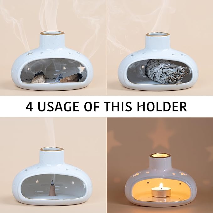 ZenBless 3 in 1 Incense Holder for Palo Santo Sticks Sage Incense, Handcrafted Ceramic Incense Burner Holder Ash Catcher with Chimney, Smudge Bowl for Yoga Meditation Room Home Decor ZenBless