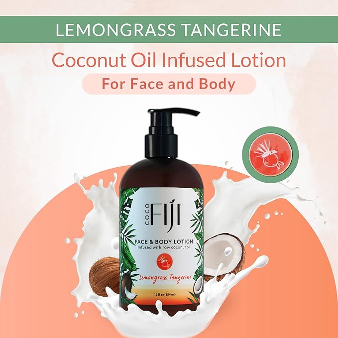Coco Fiji Face & Body Lotion Infused With Coconut Oil | Lotion for Dry Skin | Moisturizer Face Cream & Massage Lotion for Women & Men | Lemongrass Tangerine 12 oz, Pack of 3 - Bloomnest