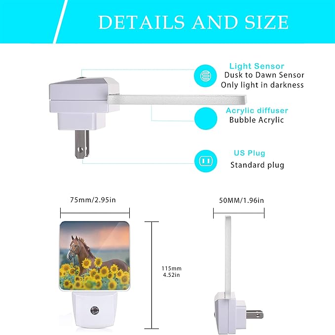 Horse Night Light,Sunflower Farm Animal Horses Plug-in Night Lights with Dusk-to-Dawn Sensor for Women/Girls/Boys Gift Sleep Friendly lamp for Bedroom, Bathroom and Living Room,0.5W - Bloomnest