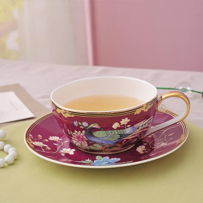 ACMLIFE Bone China Tea Set For One Teapot And Cup Set, Vintage Floral Tea Cup Set With Teapot and Saucer Set 12 Oz Bone China Teapot For One Set Red And White Gift Giving For Women (Fuchsia) - Bloomnest