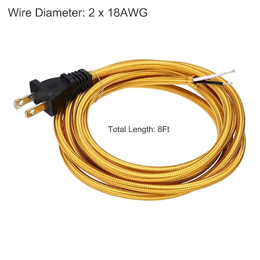 uxcell 8Ft 18/2 Cloth Covered Lamp Cord with Plug, Vintage Electrical Lamp Cord with Stripped Ends for Extension Wiring DIY Repairing, Golden