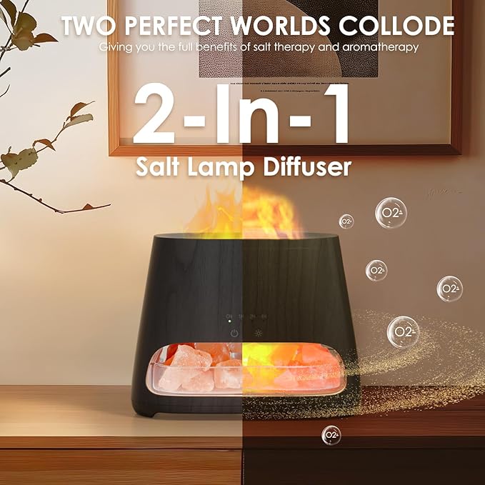 SALKING 2-in-1 Himalayan Salt Lamp & Ultrasonic Essential Oil Diffuser, Aromatherapy Diffuser Cool Mist Humidifier, Salt Therapy Lamp, Ambient Glow, 150ml (Black Wooden Grain) - Bloomnest