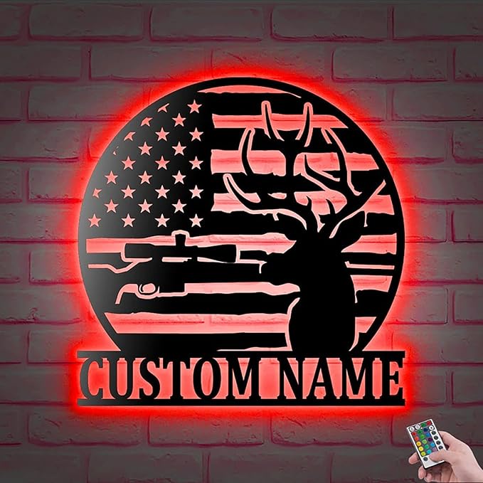 Lovely POD Personalized Hunting Metal sign, Hunting Art, custom USA Hunting Flag Metal Wall Art Led Light, Personalized Hunter Name Sign Decoration For Home, Deer Hunting Home Decor Housewarming (1) - Bloomnest
