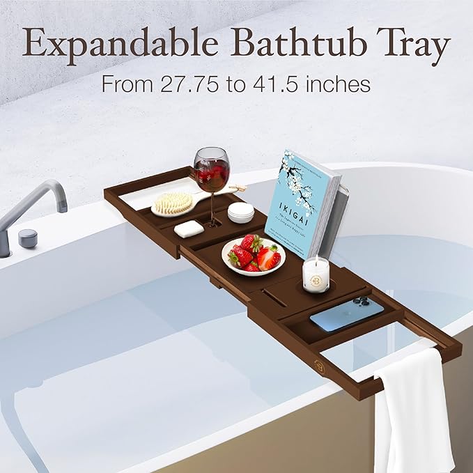 Wooden Bathtub Tray - Foldable & Expandable Bamboo Bath Tray for Tub with Wine Holder, Book & Tablet Stand - Bath Caddy Tray for Bathtub, Spa Bath Accessories, Tub Tray Table, (Brown) - Bloomnest