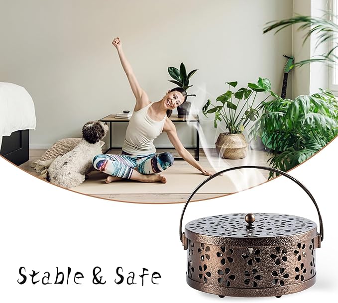 （2Pack,Bronze） Retro Portable Iron Mosquito Coil Holder with Handle Round Fireproof Incense Holder for Home Office. - Bloomnest