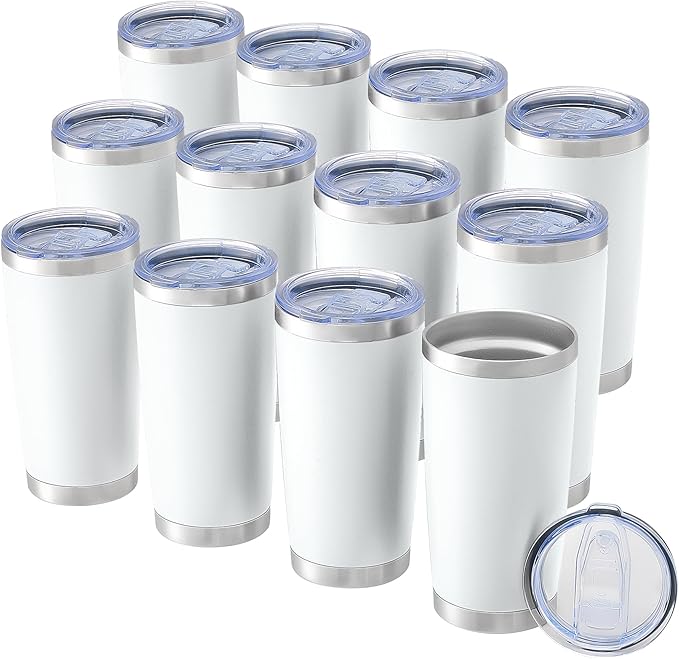 OMTech 20oz Tumblers Bulk, 12pc Stainless Steel Tumbler Set with Lid & Straw, Double Wall Vacuum Insulated Mug for Laser Engraver, Travel Coffee Mug for Hot & Cold Drinks, White Powder Coated Cup - Bloomnest