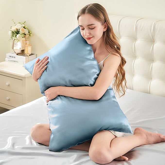 INFIIXSO Mulberry Silk Pillow Case for Hair and Skin, Silk Satin Pillowcase Standard Size with Hidden Zipper 20"x26", Extraordinary Smooth and Soft Cooling Pillow Cases for Hot Sleepers, Airy Blue - Bloomnest