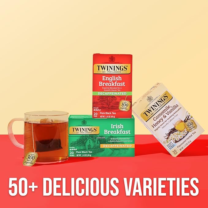 Twinings Decaffeinated English Breakfast Individually Wrapped Bags, 20 Count (Pack of 6), Flavourful & Robust, Enjoy Hot or Iced, 120 Teabags - Bloomnest
