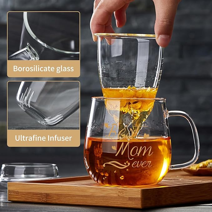 Glass Tea Cup 17.6oz, “Best Mom Ever” Mothers Day Cup with Gift Box, Gifts Mug for Mom, Glass Mug Teacup, Tea Cups for Mom Birthday, Perfect for Grandma & Daughter - Bloomnest