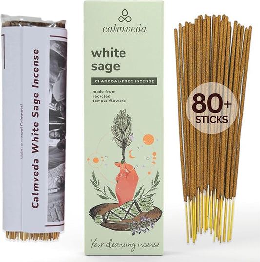 White Sage Incense Sticks for Cleansing - (80 Scent Sticks) Charcoal Free, Made from Upcycled Flowers | Protection Incense to Cleanse Negative Energy