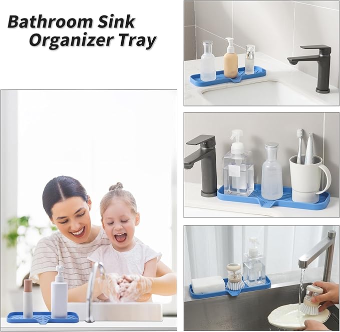 Silicone Bathroom Soap Dishes with Drain Spout-Bathroom and Kitchen Sink Organizer,Sponge Holder,Dish Soap Tray,Perfect for Dispenser,Scrubber,Bottle,Cup on Sink or Counter-Lichen Blue 12"×4" - Bloomnest