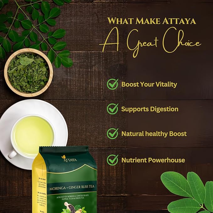 Attaya Moringa Ginger Bliss Tea – 35 Pyramid Bags | Antioxidant Superblend for Energy, Metabolism & Immunity | Moringa • Ginger • Tulsi • Black Pepper • Green Tea - Bloomnest