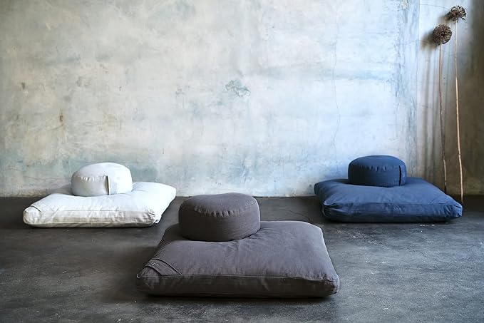 Meditation Cushion Set by renoo - Durable Comfortable Organic Cotton, Linen, Hemp - Modern Zafu Zabuton - Buckwheat Kapok Filled Floor Pillow Yoga Bolster in 15 Colors Washable Cover