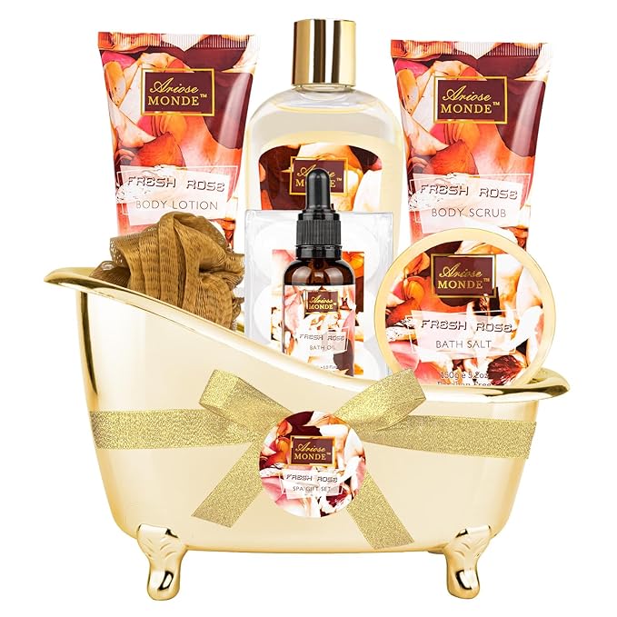 Fresh Rose Spa Gift Set for Women, 8-Piece Relaxing Bath Set with Shower Gel, Bubble Bath, Body Lotion, Self Care Gift for Any Occasion, Birthday Gifts for Women, Spa Kit for Mom Gifts - Bloomnest