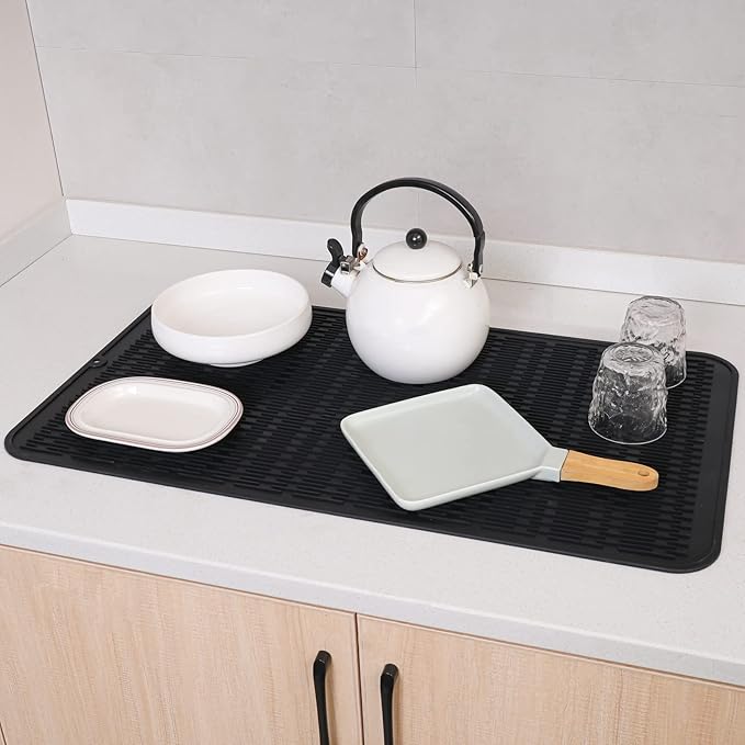 Silicone Dish Drying Mat for Multiple Usage,Easy clean,Eco-friendly,Heat-resistant Silicone Mat for Kitchen Counter or Sink,Refrigerator or Drawer Liner Black 4XL 32 inches x 18 inches - Bloomnest