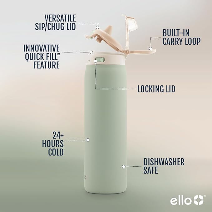 Ello Pop & Fill Insulated Stainless Steel Water Bottle with Quick Fill Lid, Leakproof Locking, Sip or Chug Spout, BPA-Free, Double Wall Vacuum Insulated for Sports, Travel & School- 22oz / 32oz / 40oz Ello