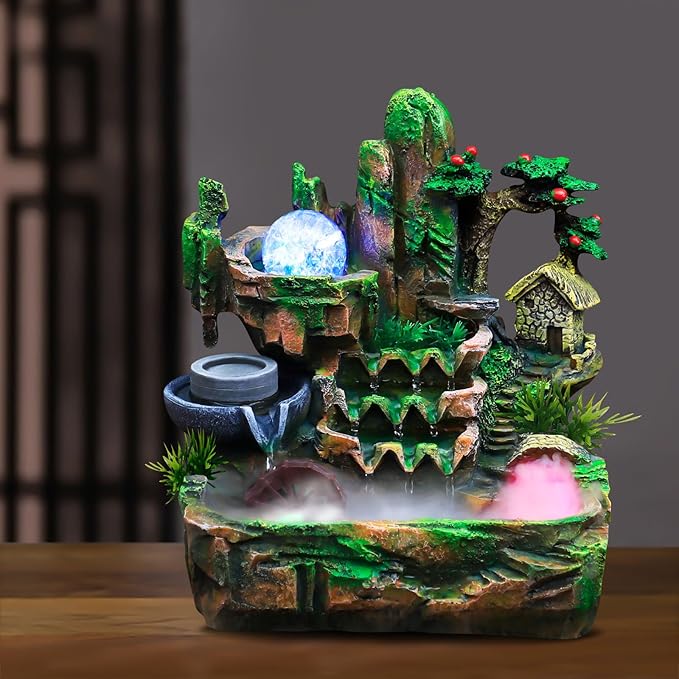 110V Indoor Relaxation Desktop Fountain Waterfall with Rockery & LED Colorful Lights Indoor Relaxation Resin Ornament, Small Tabletop Decor Fountain Rockery for Office, Home, Bedroom Desk Decoration - Bloomnest