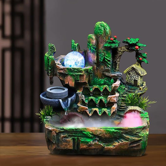 110V Indoor Relaxation Desktop Fountain Waterfall with Rockery & LED Colorful Lights Indoor Relaxation Resin Ornament, Small Tabletop Decor Fountain Rockery for Office, Home, Bedroom Desk Decoration - Bloomnest