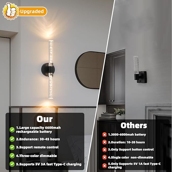 Battery Operated Wall Sconces Set of 2, Black 20'' Rechargeable Crystal Bubble Wall Sconce with Remote Control, 3000K-6000K Dimmable LED Wireless Wall Lights for Living Room Bedroom Bathroom Hallway - Bloomnest